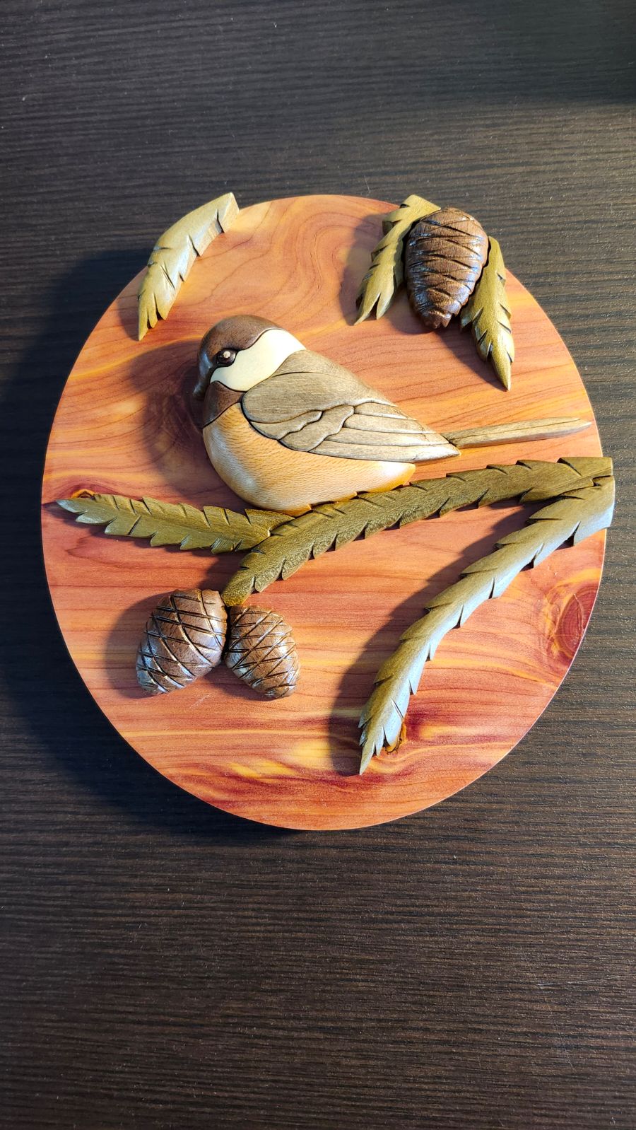 Chickadee on Pine Intarsia